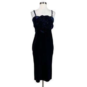 Betsy & Adam Velvet Flower Accent Bodice Midi Sheath Cocktail Dress Blue Size 6